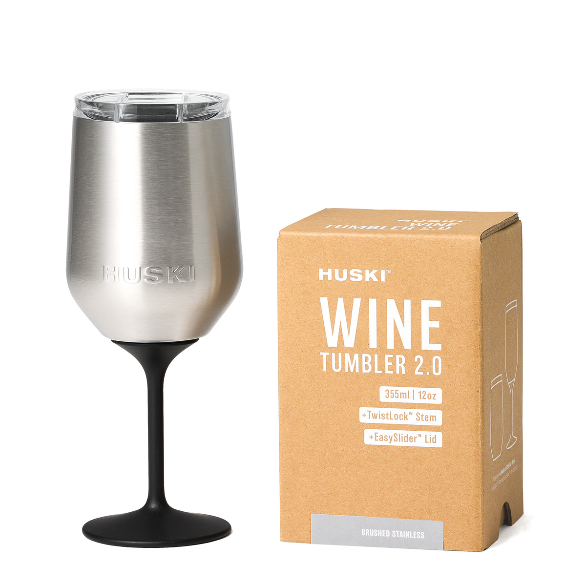 Huski Wine Tumbler 2.0 in Brushed Stainless with packaging